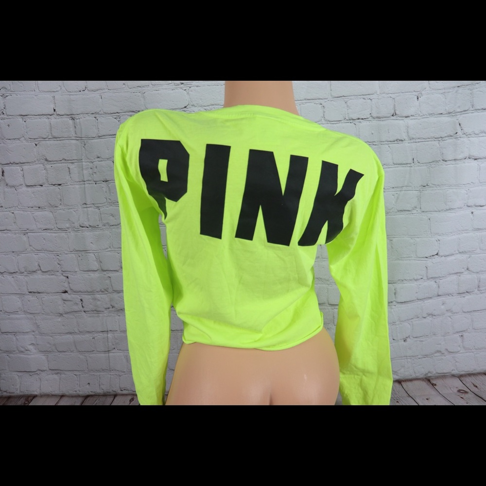 VS PINK Logo Print Long Sleeve Crop Top Neon Green - Picture 5 of 6